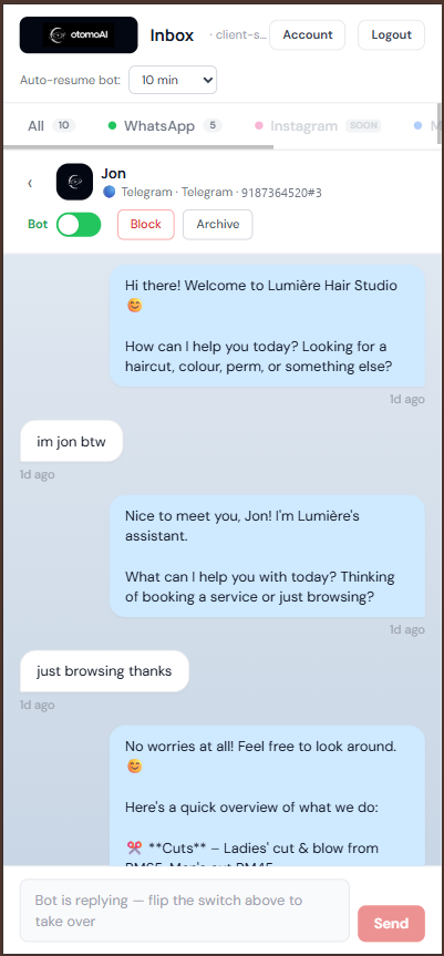 OtomoAI inbox on mobile with one-tap bot takeover